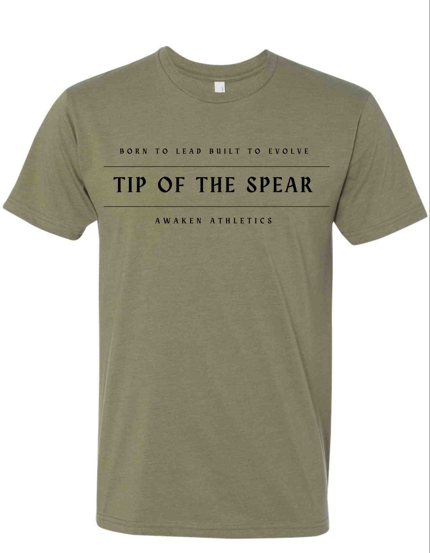 Olive green t-shirt with black text on a white background