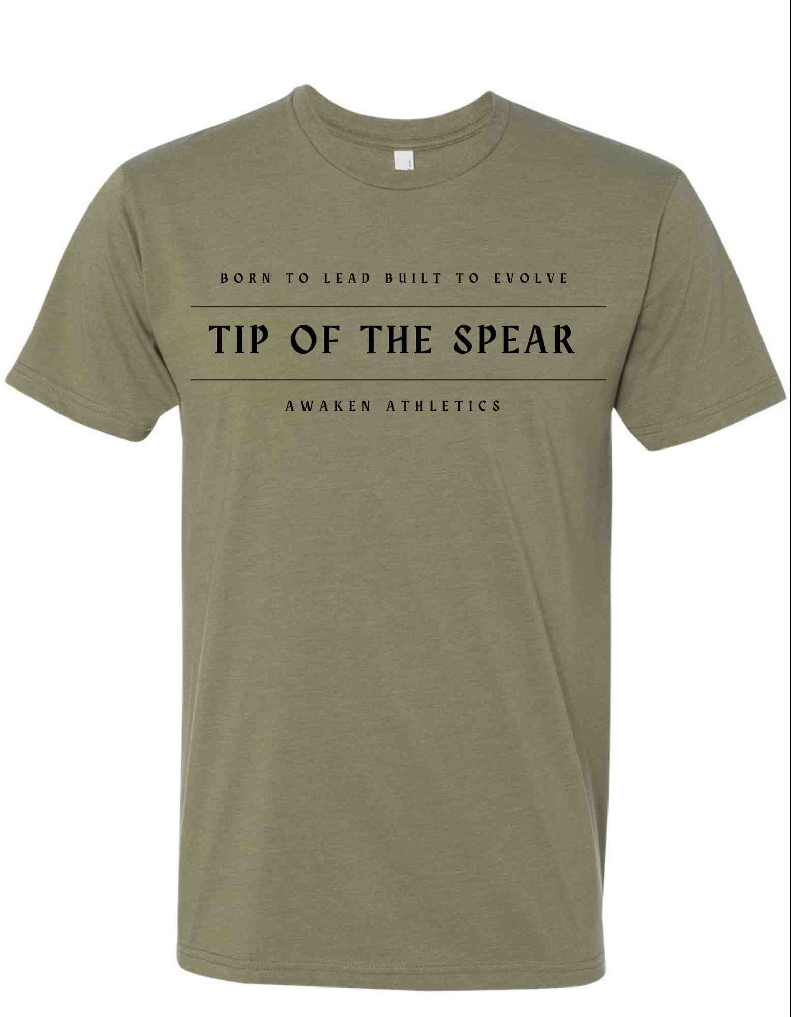 Olive green t-shirt with black text on a white background